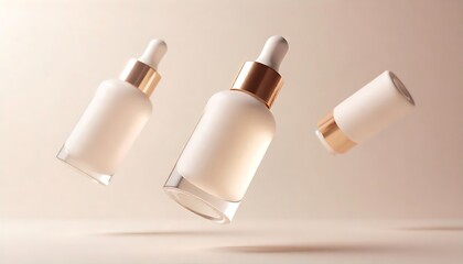 Fototapeta premium Minimalist product photography of floating serum bottles with elegant metallic caps