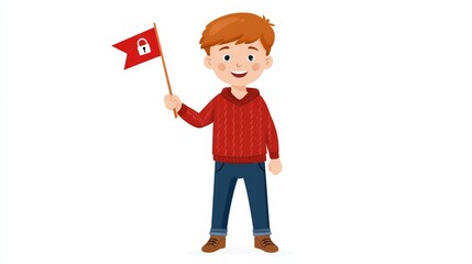 Smiling young boy waving red flag with lock icon, representing cybersecurity awareness, youth digital literacy, online privacy education, and early cybersecurity consciousness