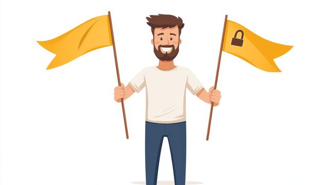 Bearded man enthusiastically waving two yellow flags with security symbols, symbolizing digital safety leadership, cybersecurity advocacy, and online privacy awareness campaigns