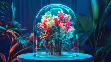 Neon-colored bouquet in a glass dome, glowing in the dark, futuristic display, cyber aesthetic