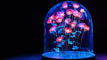 Neon-colored bouquet in a glass dome, glowing in the dark, futuristic display, cyber aesthetic
