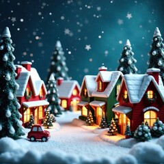 Christmas village scene with houses and shops, holiday cheer, winter