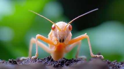 Fototapeta premium Orange insect on ground, macro view, blurred green background, nature photography