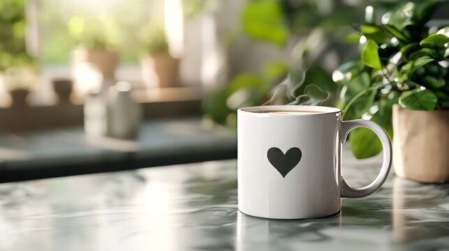 Personalized coffee mug with digital heart print, placed on a marble countertop with a latte art heart inside, photorealistic detail