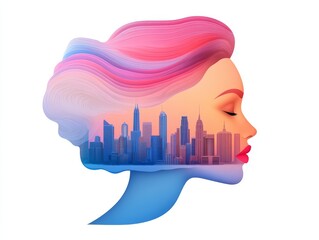 Vibrant female profile with pink and blue gradient hair morphing into a futuristic city skyline, symbolizing urban growth, innovation, and creative thinking