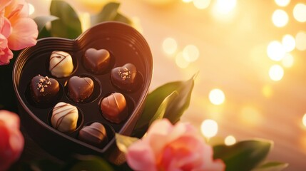 Personalized heart-shaped gift box filled with chocolates, surrounded by delicate pink flowers, warm candlelight, vintage photo style