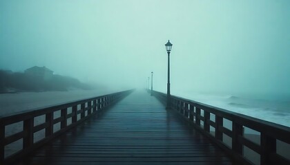 Obraz premium Misty walk at the pier boardwalk atmospheric photography foggy ocean seaside perspective moody vibes