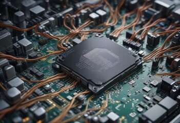 Circuit board with complex network of wires and microchips, wires, circuitry, cables