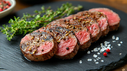 A slab of meat with a sprinkle of salt and pepper on top