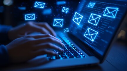 Obraz premium Hands typing on a laptop with glowing email icons emerging from the screen in a dark setting
