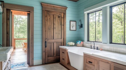 Bathroom with sky-blue walls, natural wood vanities, and white stone countertops