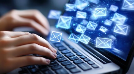 Digital communication through email is showcased as a person types on a laptop while messages are sent and received