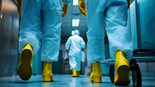 Scientists in protective suits walking in laboratory with yellow boots