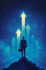 A striking book cover with a vibrant blue background and a glowing graph rising upwards Include a stylized silhouette of a person holding a briefcase at the bo