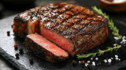 A slab of meat with a sprinkle of salt and pepper on top