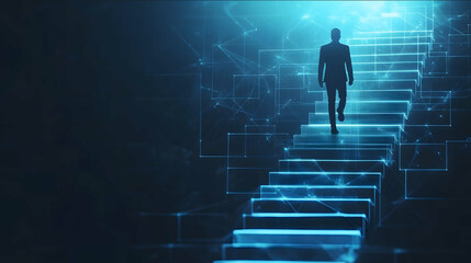 Elegant business growth chart ascending stairs made of glowing blue light businessman silhouette climbing up modern minimal design dark background with subtle
