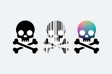Colorful skull and crossbones, sticker set illustration, black, white, rainbow, graphic vector design, isolated on white background