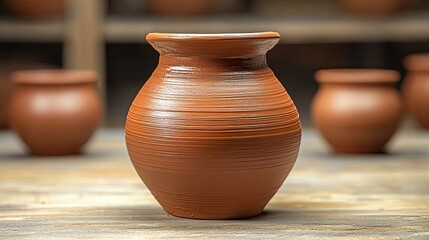 Handcrafted clay pot displayed on a wooden table among other pottery pieces in a creative workshop setting
