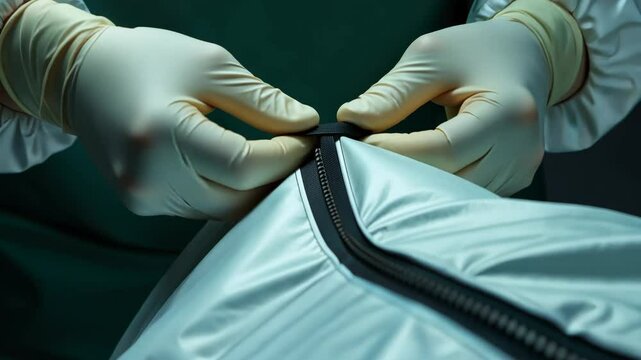 Morgue worker closes zipper on body bag, green apron over protective gear in dimly lit room - concept of morgue worker