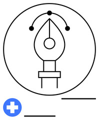 Pen nib with vector curve in circular frame, medical cross, and abstract lines. Ideal for design tools, creativity, healthcare projects, graphic editing, digital art, innovation abstract line flat