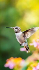 Fototapeta premium Hummingbird in flight, garden, flowers, nature