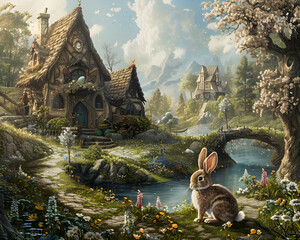 Fantastische M&auml;rchenlandschaft mit Kaninchen und H&auml;uschen