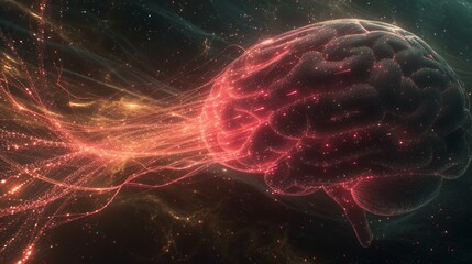 Abstract visualization of a glowing brain emitting neural energy trails in a cosmic background, blending science fiction and futuristic themes. AI generated.