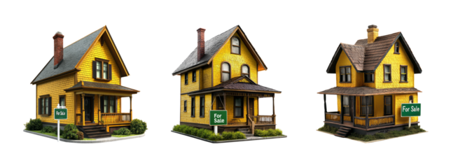 Three Yellow Houses with Sale Signs on Transparent Background
