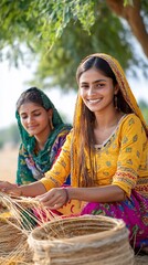 Indian women crafting baskets outdoors
