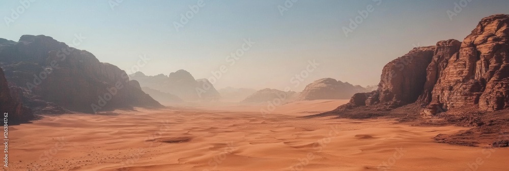 Poster vast desert landscape showcases towering rock formations and rolling sand in an expansive valley dur