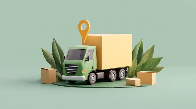 Green Delivery Truck 3D Render: Package Tracking Against a Soft Green Background AI Generated