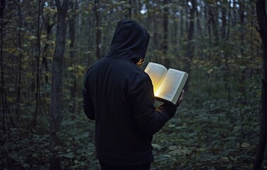 Fototapeta premium A faceless man under a hood peruses a book, with light rays issuing from it
