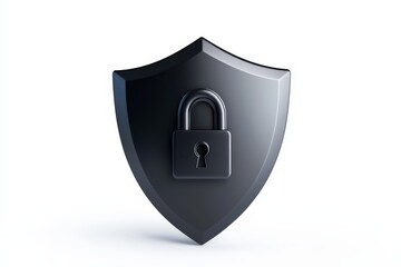 Black security shield with padlock icon, symbolizing cybersecurity, data protection, and digital defense in a modern technology security concept