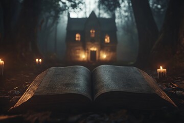 World Book Day, fantasy, and leisure vision. 3D style illustration of a magical horror book filled with fantasy narratives. Stock