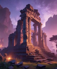 Fototapeta premium Ethereal mist wraps ancient ruins in iridescent glow, glow, holographic, mist