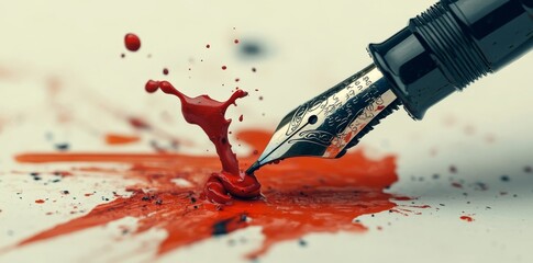 A fountain pen is observed writing on a bloody surface. This scene might suggest crime scenes, horror narratives, or the theme of violence