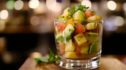 Fototapeta premium Fresh tropical salad with mango, avocado, and cilantro served in a clear glass bowl