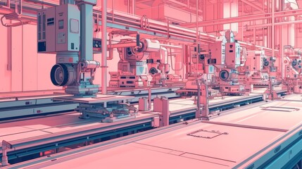A factory manufacturing line featuring advanced machinery in a surreal pink-toned aesthetic, blending industrial design and futuristic style. AI generated.
