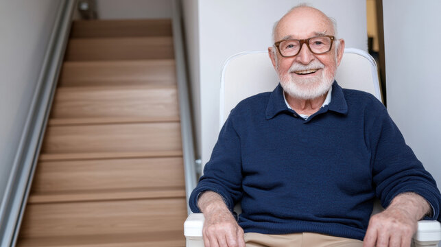 Elderly man smiling while sitting on stair lift, enjoying comfort and safety - Powered by Adobe