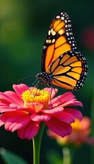 Fototapeta premium Close-up of a monarch butterfly sipping nectar from a zinnia flower, monarch butterfly, nature, zinnia