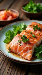 close-up of a plate with fresh fish and seafood served on a wooden table, restaurant, ocean food, food plate