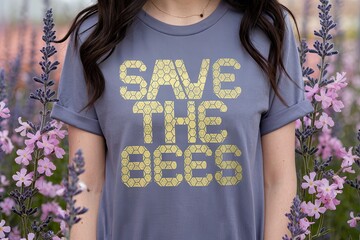 Woman in "Save the Bees" Tee, Floral Background, Mid Shot, Gray T-Shirt, Gold Lettering, Honeycomb Pattern, Environmental Awareness, Campaign, Pink and Purple Flowers