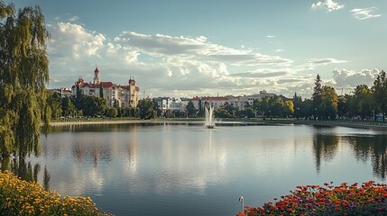 Obraz premium Peaceful park lake townhouses sunny day scenic view