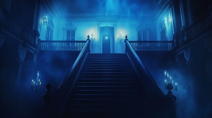 Obraz premium Envision a scary fairy tale setting with a dark gothic mansion castle placed in a desolate, snowy valley, framed by a sinister forest and a sinister, ancient church