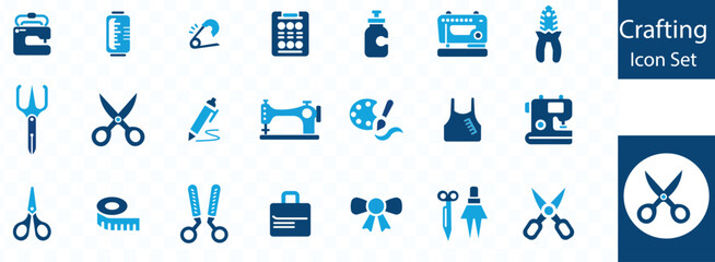 Crafting icon set. Containing DIY, craftsman, pencil, sewing, glue gun, origami, workshop, fabric, painting and more. Solid vector icons collection.