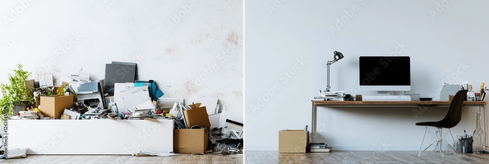Fototapete messy clutter contrasts with a clean, organized workspace reflecting productivity and focus. generat