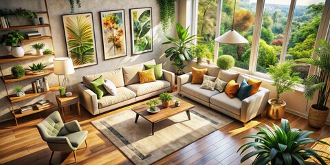 Fototapeta premium Aerial view showcases a beige sofa, lush plants, and artwork in a bright, airy living room. Design inspiration.