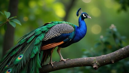 Obraz premium Feathers of a peacock spread proudly on a branch, nature, garden,