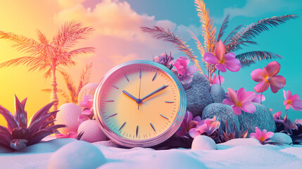 A vibrant clock surrounded by tropical flowers and palm trees, symbolizing start of Daylight Savings
