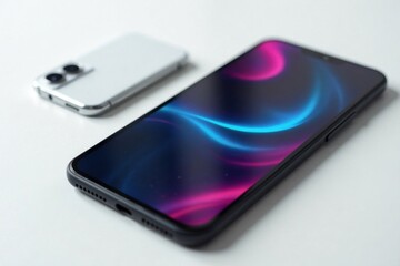 Close-up of black and white mobile phones on white, clean lines, minimalism, closeup